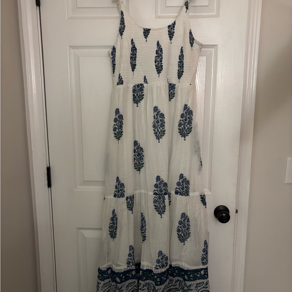White Maxi Dress with Blue Floral Print - Women's Sundress